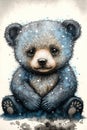 Watercolor painting of sad teddy bear, abandoned toy sitting in the snow