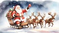 Watercolor painting of Santa Claus rides on a sleigh with reindeer Royalty Free Stock Photo