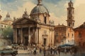 Watercolor painting of Santa Maria della Neve in Italy.