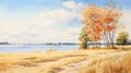 Watercolor Painting Of Scenic Autumn Landscape On Water