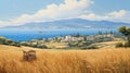 Realistic Oil Painting Of Greek Island With Wheat Fields And Ocean