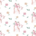 Watercolor painting seamless pattern with white cute llama animal. Llamas cartoon america. Boho cactus textile design