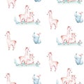 Watercolor painting seamless pattern with white cute llama animal. Llamas cartoon america. Boho cactus textile design