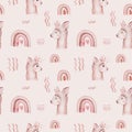 Watercolor painting seamless pattern with white cute llama animal. Llamas cartoon america. Boho cactus textile design