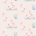 Watercolor painting seamless pattern with white cute llama animal. Llamas cartoon america. Boho cactus textile design