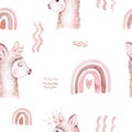 Watercolor painting seamless pattern with white cute llama animal. Llamas cartoon america. Boho cactus textile design