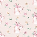 Watercolor painting seamless pattern with white cute llama animal. Llamas cartoon america. Boho cactus textile design