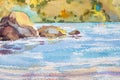 Watercolor painting seascape colorful of ocean beach summer season