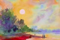 Watercolor painting seascape colorful of sun and the sand. Royalty Free Stock Photo