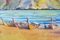 Watercolor painting seascape colorful of tourism ocean beach wave passenger ship