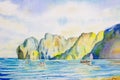 Watercolor painting seascape colorful of travel ocean beach wave passenger ship