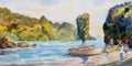 Watercolor painting seascape on paper of Phang Nga Bay