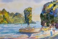 Watercolor painting seascape on paper of Phang Nga Bay for the traveling sea