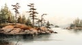 Watercolor Scenery: Pine Trees Along The Lake