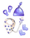 Watercolor painting set: baby bib, hat, mittens and socks for newborns, purple, your text, motherhood, unisex Royalty Free Stock Photo
