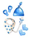 Watercolor painting set: baby bib, pacifier and hat, mittens and socks for newborns in blue, for a boy, maternity Royalty Free Stock Photo