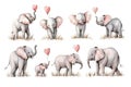 Watercolor painting of a set of cute elephant in different poses with hearts, white background Royalty Free Stock Photo