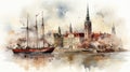 Watercolor painting of a ship in the harbor with a city in the background, AI