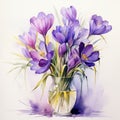 Delicate Realism: Watercolor Drawing Of Purple Flowers In A Vase