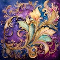 Watercolor painting showcasing 'Gilded Splendor' with opulent golden patterns and vibrant jewel tones