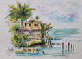 Watercolor painting showing landscape view of palm trees, cloudy sky, and sea.