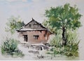 Watercolor painting showing landscape view of small countryside house among the trees.