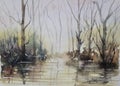 Watercolor painting showing landscape view of trees, branches, and river.