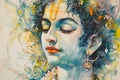 watercolor painting of Shri Krishna god face Royalty Free Stock Photo