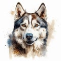 Watercolor painting of a Siberian Husky on white background. Al generated