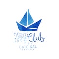 Watercolor painting with silhouette of sailboat. Original hand drawn emblem for yacht club. Marine theme. Sea adventure