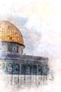 Watercolor painting sketch of a dome of the rock in jerusalem, palestine Royalty Free Stock Photo