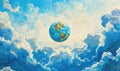 Watercolor painting of a small Earth globe floating amidst clouds in a blue sky Royalty Free Stock Photo