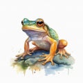 Watercolor painting of small frog on a white canvas background