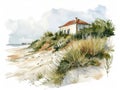 watercolor painting of a small house on a sandy beach with green grass and blue ocean Royalty Free Stock Photo