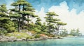 Rocky Shore Painting With Pine Trees - Detailed Comic Book Art