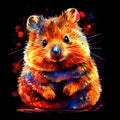 watercolor painting of a smiling friendly adorable quokka, a dark backdrop, vibrant splashes