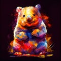 watercolor painting of a smiling friendly adorable quokka, a dark backdrop, vibrant splashes