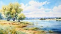 Watercolor Painting Of A Southern Countryside Lake