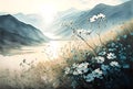 Watercolor painting of spring flowers on a background of mountains. Sunrise landscape digital illustration Royalty Free Stock Photo