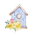 Watercolor Painting Spring Flowers, Blue Birdhouse With Tulips