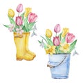 Watercolor painting spring flowers, yellow boots and a blue bucket with tulips