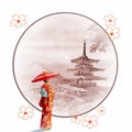 Watercolor painting spring with landmarks in Japan Royalty Free Stock Photo