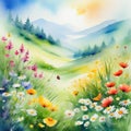 Watercolor painting of a spring meadow full of blooming flowers and Spring aquarelle Floral background