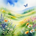 Watercolor painting of a spring meadow full of blooming flowers and Spring aquarelle Floral background