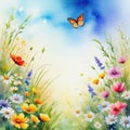 Watercolor painting of a spring meadow full of blooming flowers and Spring aquarelle Floral background