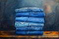 Watercolor painting of stacked denim pants symbolizing recycling and reuse. Concept Watercolor Royalty Free Stock Photo