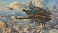 Watercolor painting: A steampunk-inspired airship, soaring through the clouds above a bustling city, Royalty Free Stock Photo