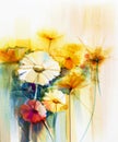Watercolor painting Still life of yellow, pink and red gerbera Royalty Free Stock Photo