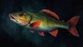 Watercolor painting: A stoplight loosejaw revealing its bioluminescent red chin barbel, its unique adaptation enabling it to hunt