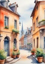 Watercolor Painting Of A Street In The Old Town Of Anne. Generative AI Royalty Free Stock Photo